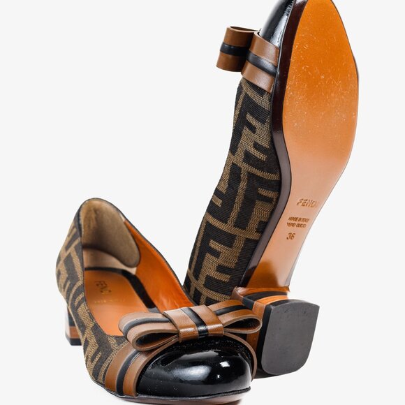 Fendi Brown Black Zucca Canvas Leather Bow Cap Toe Pumps, Size 5.5 - Picture 4 of 10